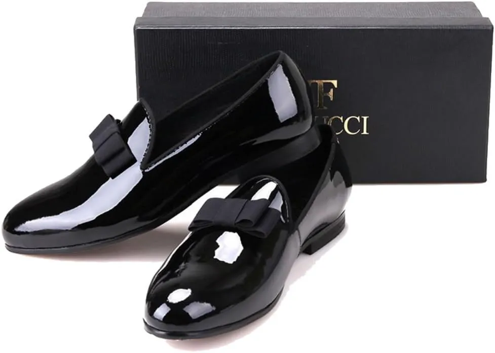 FERUCCI Handmade Men Plain Black Patent Leather with Black Bow Slippers Loafers