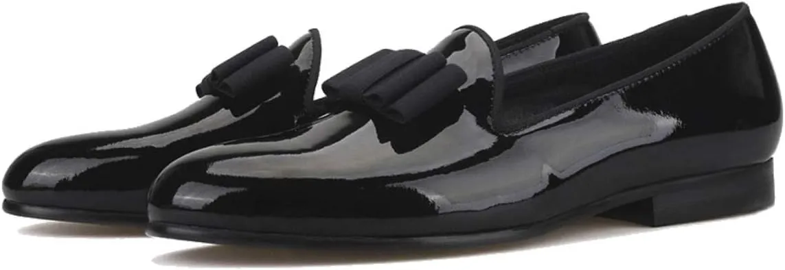 FERUCCI Handmade Men Plain Black Patent Leather with Black Bow Slippers Loafers