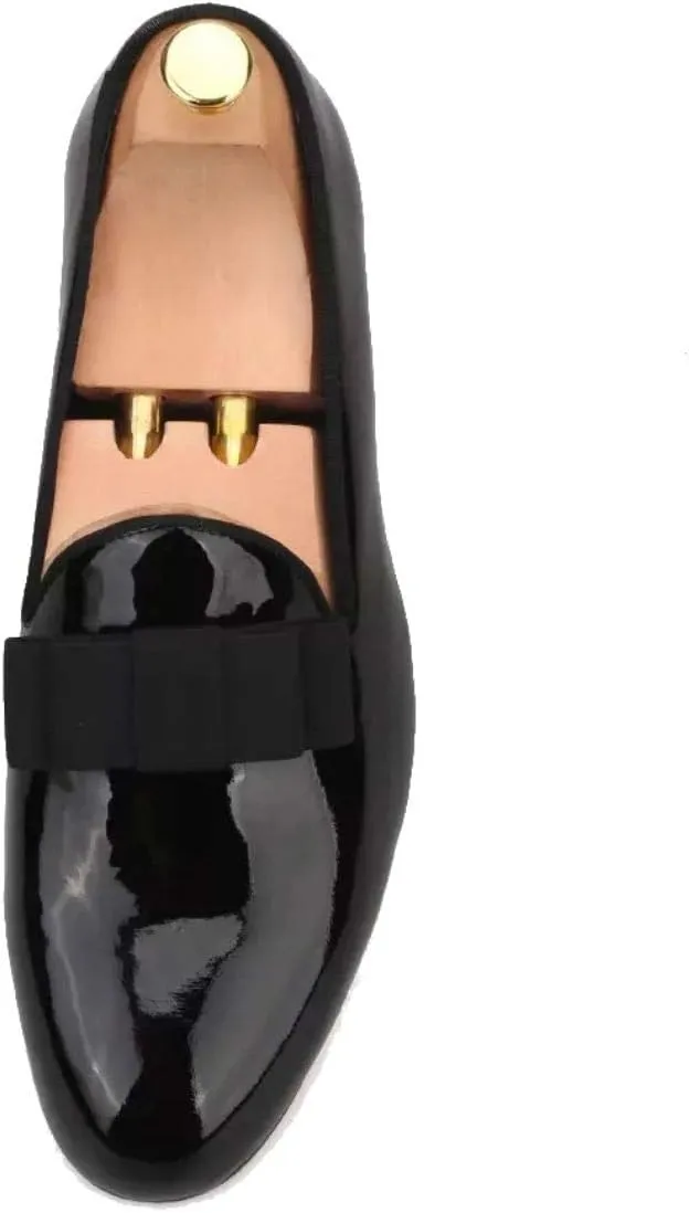 FERUCCI Handmade Men Plain Black Patent Leather with Black Bow Slippers Loafers