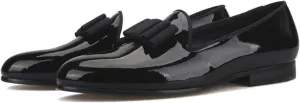 FERUCCI Handmade Men Plain Black Patent Leather with Black Bow Slippers Loafers