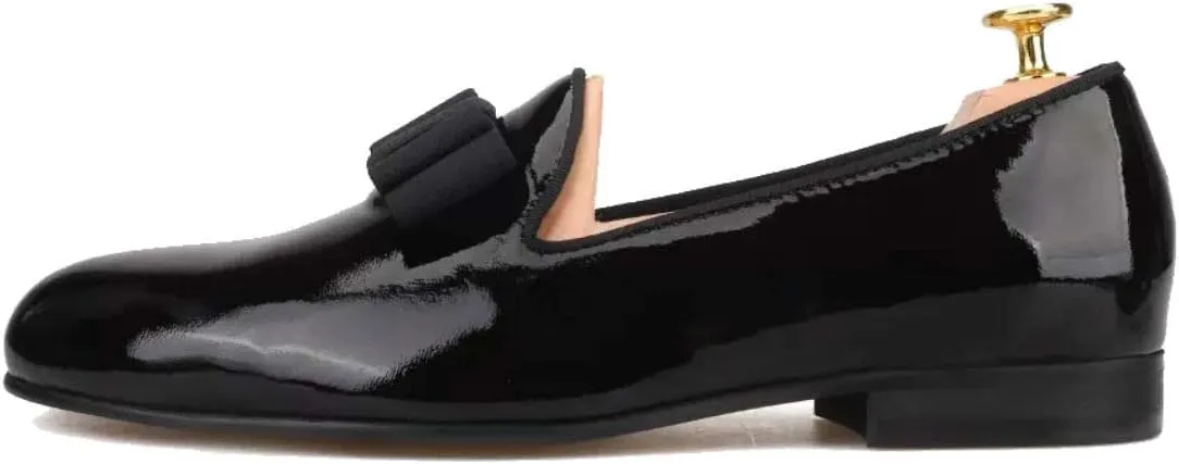 FERUCCI Handmade Men Plain Black Patent Leather with Black Bow Slippers Loafers