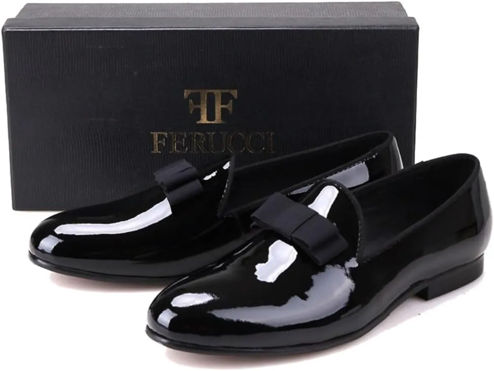 FERUCCI Handmade Men Plain Black Patent Leather with Black Bow Slippers Loafers
