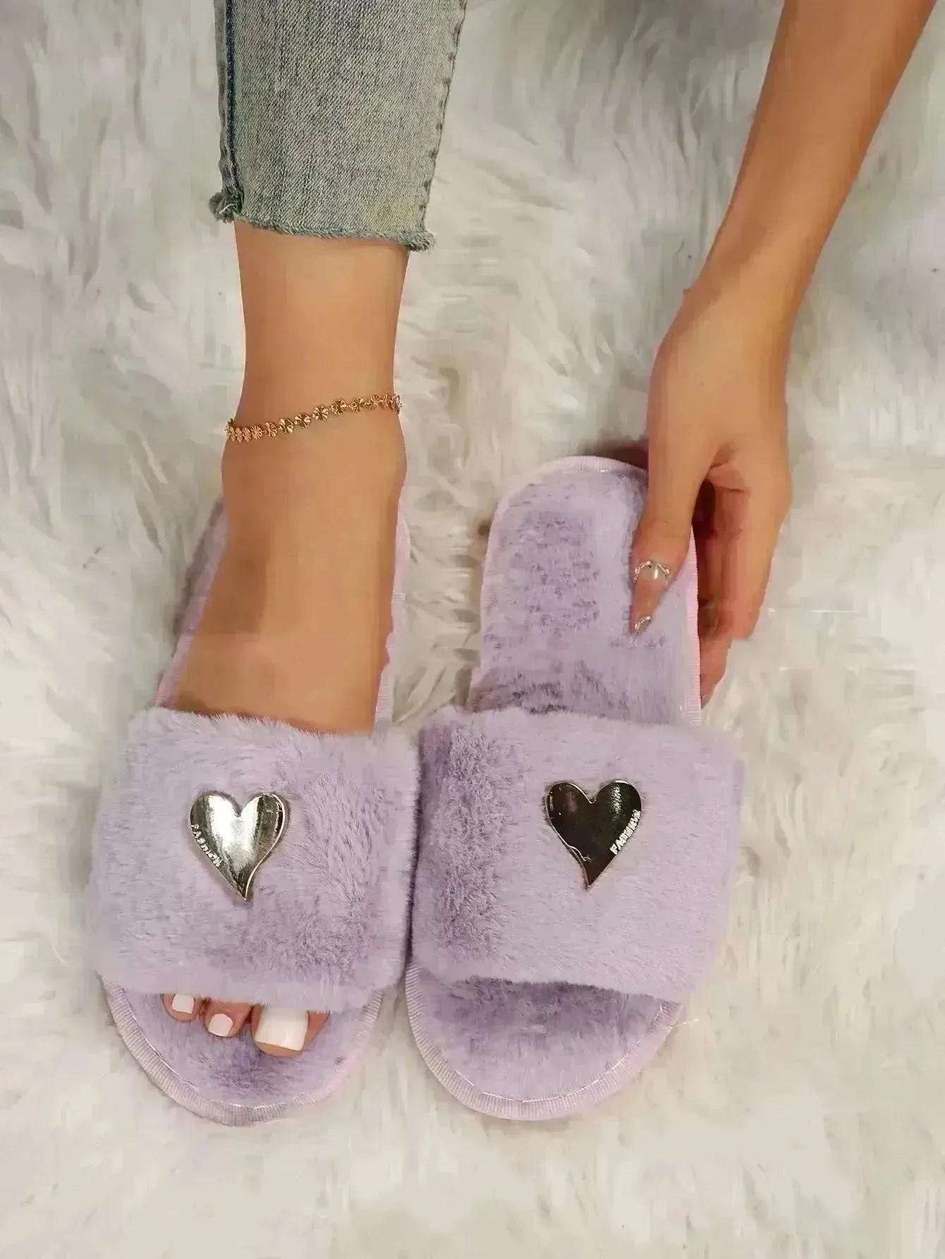 Fluffy Slipper Fall Winter Warm Home Fur Furry Slippers Women Plush Shoes Indoor House Fuzzy Flip Flops Female Padded Fleece Living Bedroom