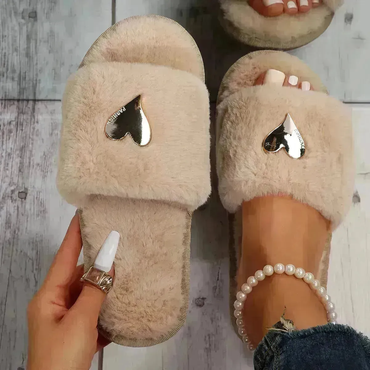 Fluffy Slipper Fall Winter Warm Home Fur Furry Slippers Women Plush Shoes Indoor House Fuzzy Flip Flops Female Padded Fleece Living Bedroom