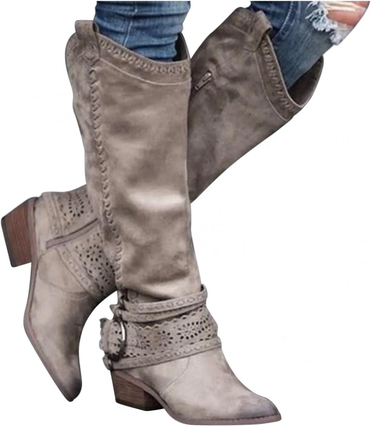 Gibobby Boots for Womens Mid Knee High Boots Chunky Heel Wide Calf Side Zip Fashion Winter Cowboy Booties