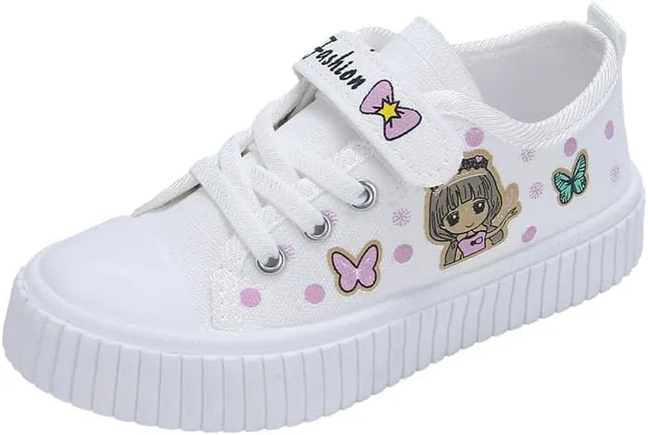 Girls' Canvas Sneakers with Butterfly Design, White Platform Shoes, Hook and Loop Strap