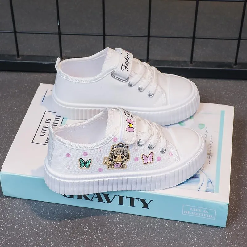 Girls' Canvas Sneakers with Butterfly Design, White Platform Shoes, Hook and Loop Strap