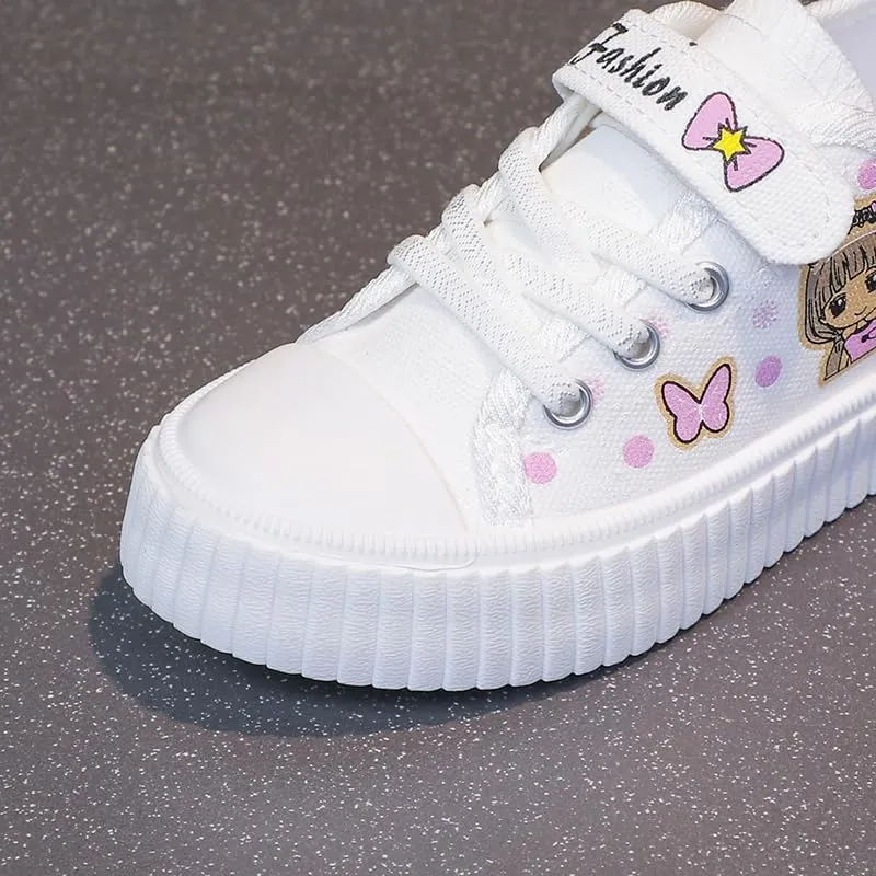 Girls' Canvas Sneakers with Butterfly Design, White Platform Shoes, Hook and Loop Strap