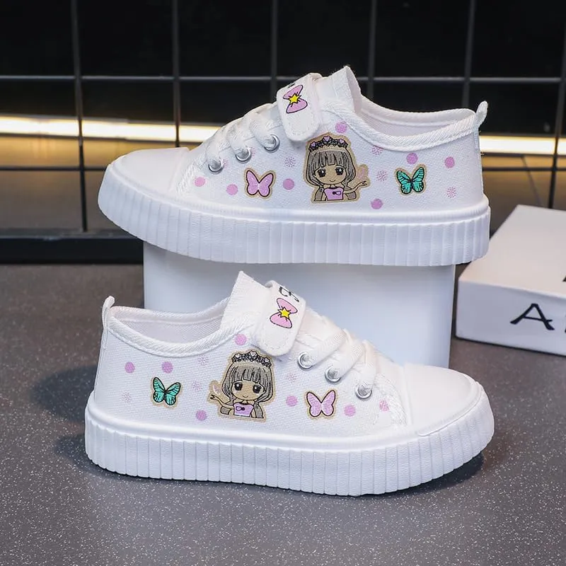 Girls' Canvas Sneakers with Butterfly Design, White Platform Shoes, Hook and Loop Strap