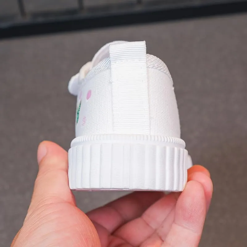 Girls' Canvas Sneakers with Butterfly Design, White Platform Shoes, Hook and Loop Strap