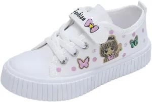 Girls' Canvas Sneakers with Butterfly Design, White Platform Shoes, Hook and Loop Strap