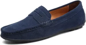 HOOENG Driving Moccasins Loafer Shoes for Men Genuine Leather Round Toe Stitching Details Suede Vamp Rubber Sole Penny Loafer Lightweight Anti-Slip Outdoor (Color : Dark Blue, Size : 7.5)