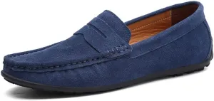 HOOENG Driving Moccasins Loafer Shoes for Men Genuine Leather Round Toe Stitching Details Suede Vamp Rubber Sole Penny Loafer Lightweight Anti-Slip Outdoor (Color : Deep Blue, Size : 10.5)