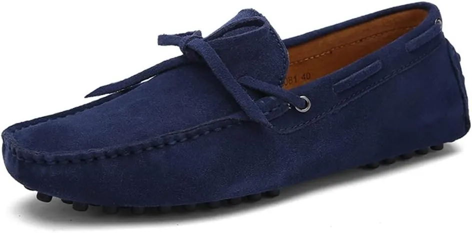 HOOENG Shoes Smoking Loafer for Men Boat Shoes Genuine Leather Stitching Details Round Toe Suede Vamp Lightweight Flat Heel Flexible Anti-Slip Casual (Color : Deep Blue, Size : 7)