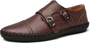 HOOENG Shoes Smoking Loafer for Men Genuine Leather Cap Toe Stitching Details Round Toe Monk Strap Soft Resistant Flexible Comfortable Casual Slip on (Color : Dark Brown, Size : 7.5)