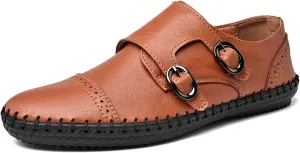 HOOENG Shoes Smoking Loafer for Men Genuine Leather Cap Toe Stitching Details Round Toe Monk Strap Soft Resistant Flexible Comfortable Casual Slip on (Color : Light Brown, Size : 7.5)