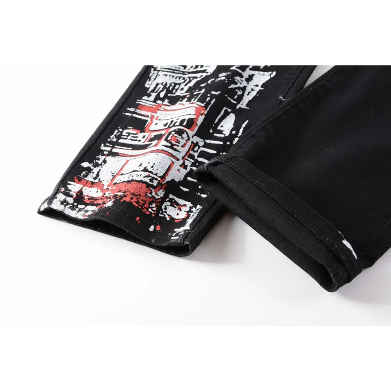 Individuality Fashion Printed Jeans Slim Straight Pants For Men