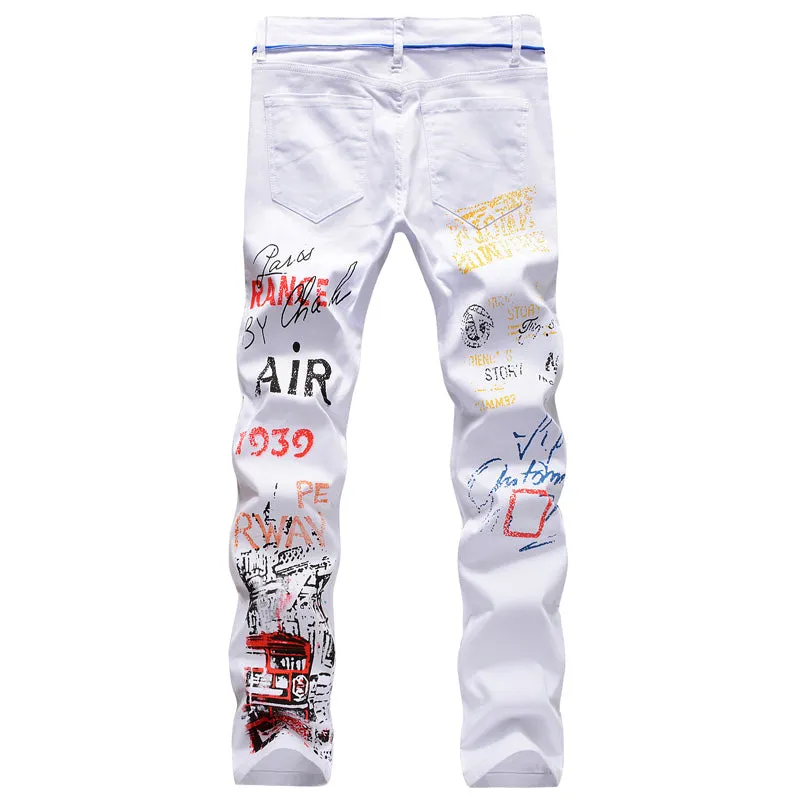 Individuality Fashion Printed Jeans Slim Straight Pants For Men