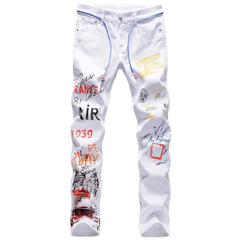 Individuality Fashion Printed Jeans Slim Straight Pants For Men
