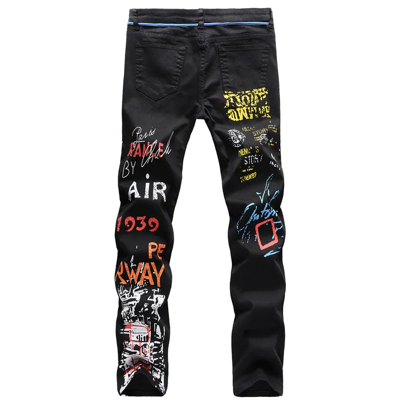 Individuality Fashion Printed Jeans Slim Straight Pants For Men
