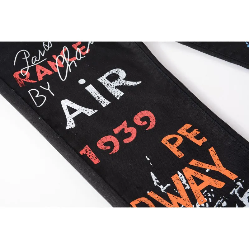 Individuality Fashion Printed Jeans Slim Straight Pants For Men
