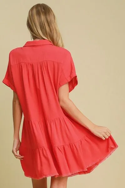 Keep It Casual Raw Hem Tiered Dress in Strawberry