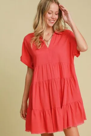 Keep It Casual Raw Hem Tiered Dress in Strawberry
