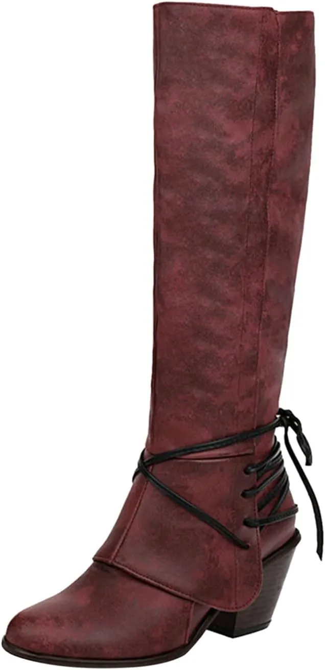Knee High Boots Women - Vintage Pointed Toe Straps Lace Up Chunky Heel Long Boots Winter Warm Solid High Heel Leather Riding Boots Casual Shoes