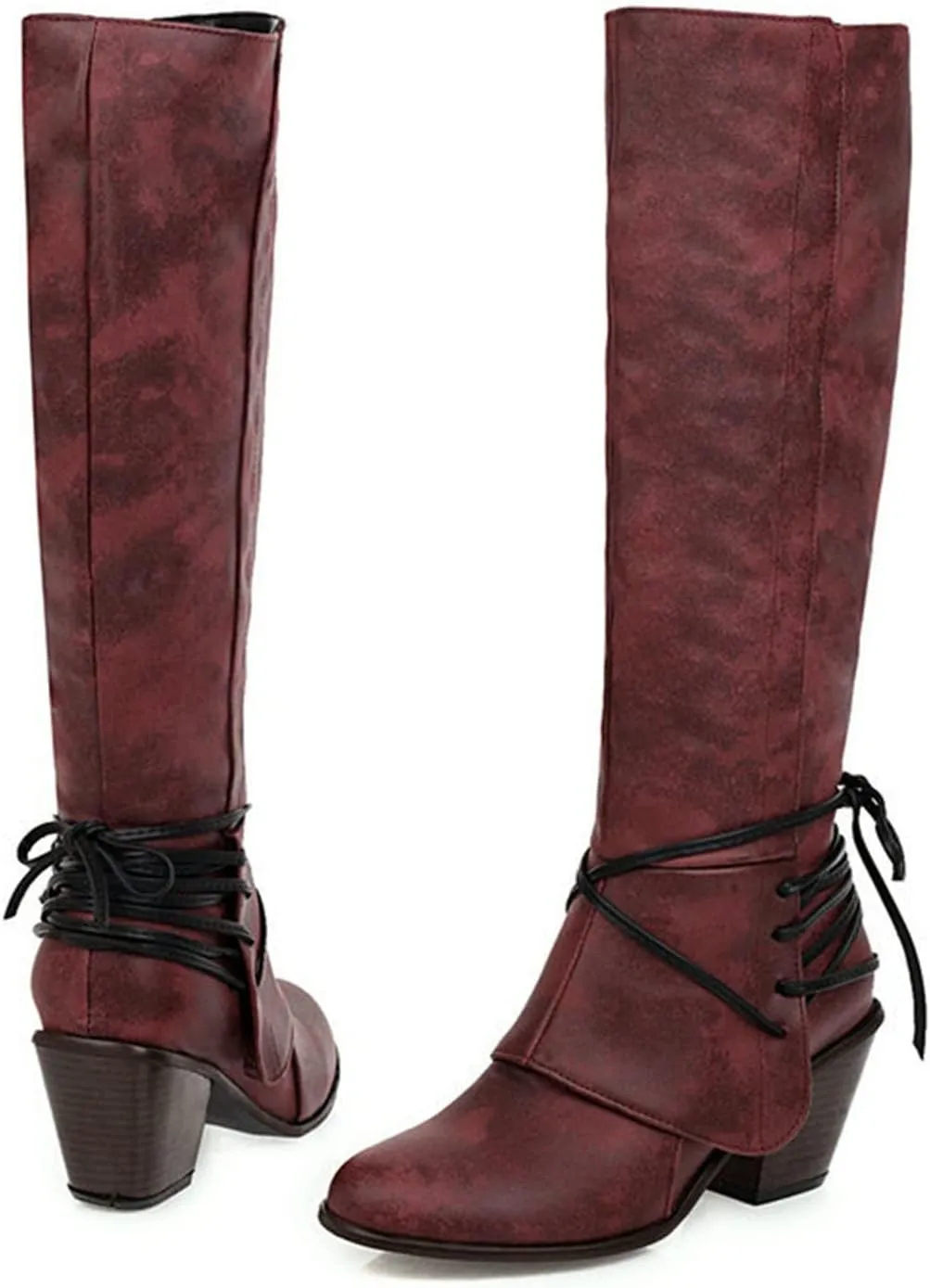 Knee High Boots Women - Vintage Pointed Toe Straps Lace Up Chunky Heel Long Boots Winter Warm Solid High Heel Leather Riding Boots Casual Shoes