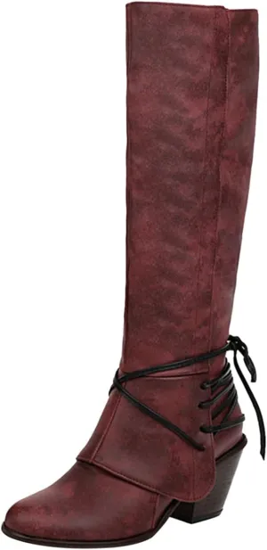 Knee High Boots Women - Vintage Pointed Toe Straps Lace Up Chunky Heel Long Boots Winter Warm Solid High Heel Leather Riding Boots Casual Shoes