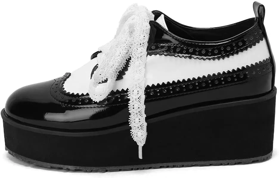 LUXMAX Women Platform Wedge Oxford Shoes Patent Leather Lace Up Wingtip Vintage Pumps