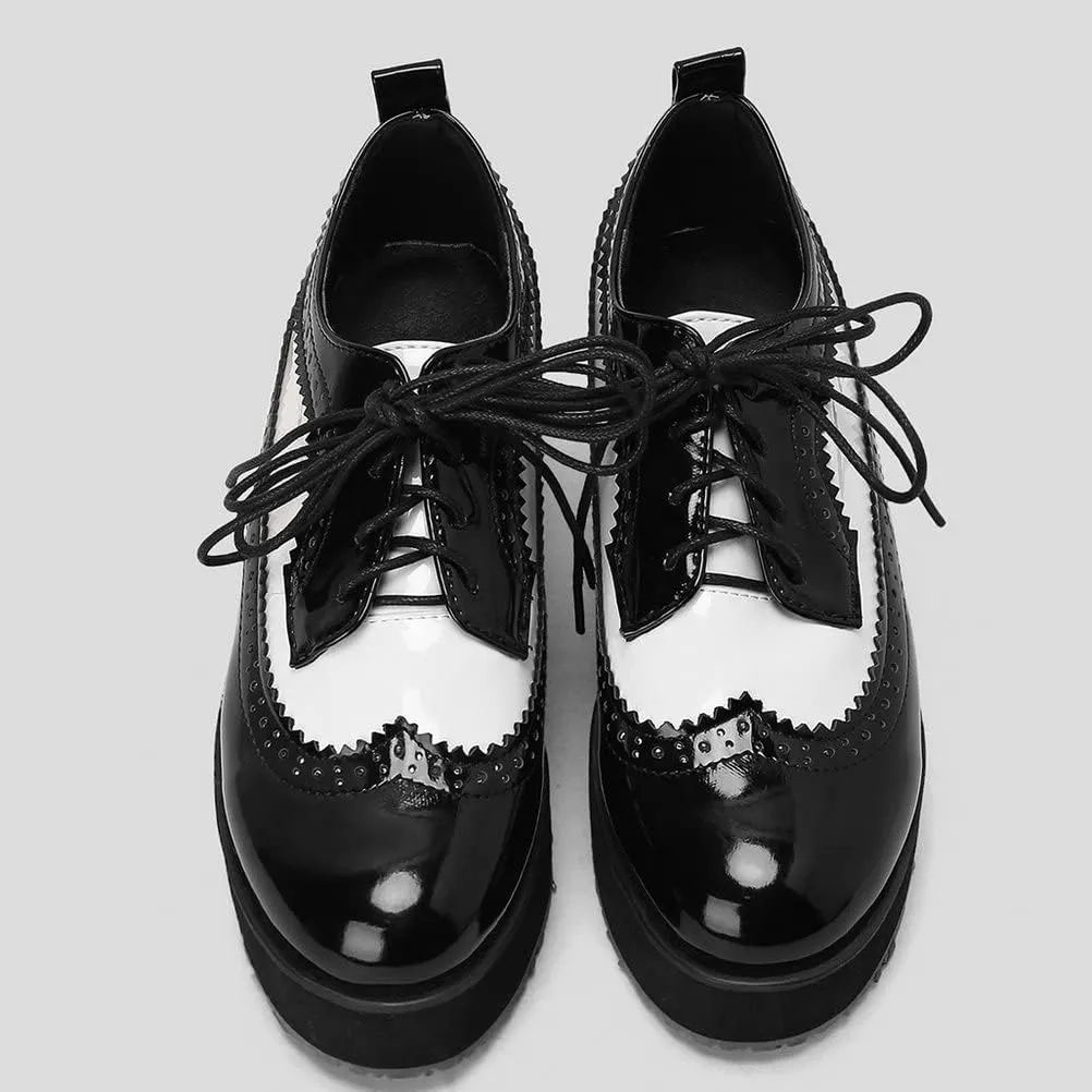 LUXMAX Women Platform Wedge Oxford Shoes Patent Leather Lace Up Wingtip Vintage Pumps