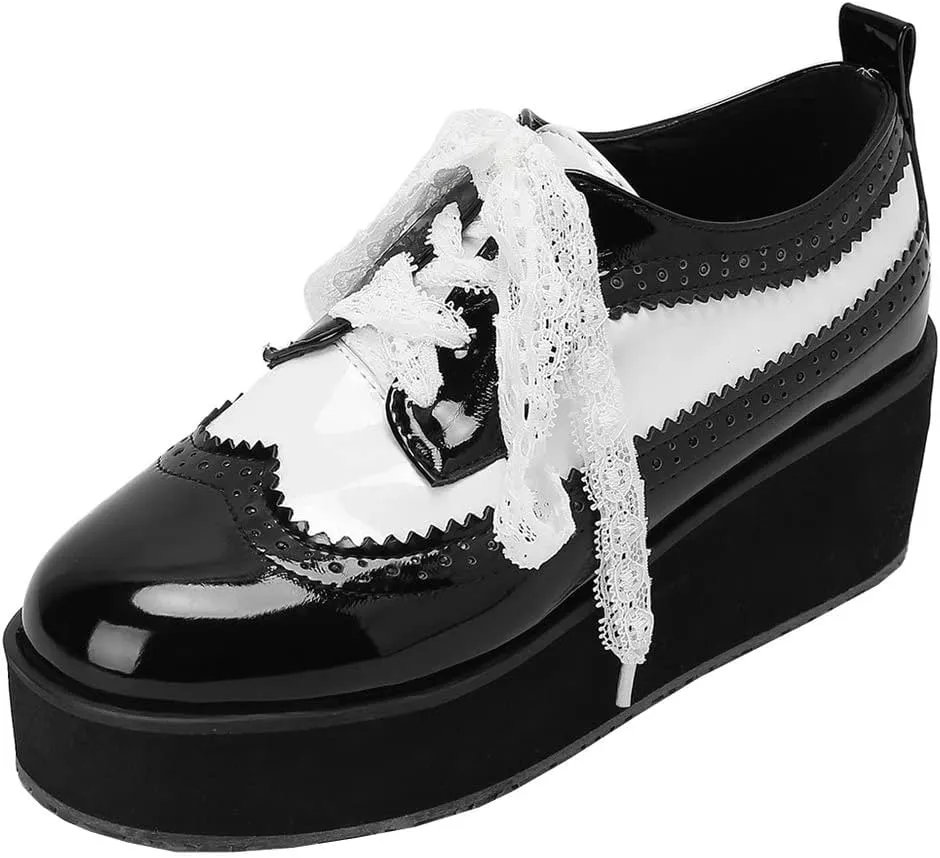 LUXMAX Women Platform Wedge Oxford Shoes Patent Leather Lace Up Wingtip Vintage Pumps