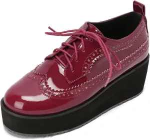LUXMAX Women Platform Wedge Oxford Shoes Patent Leather Lace Up Wingtip Vintage Pumps