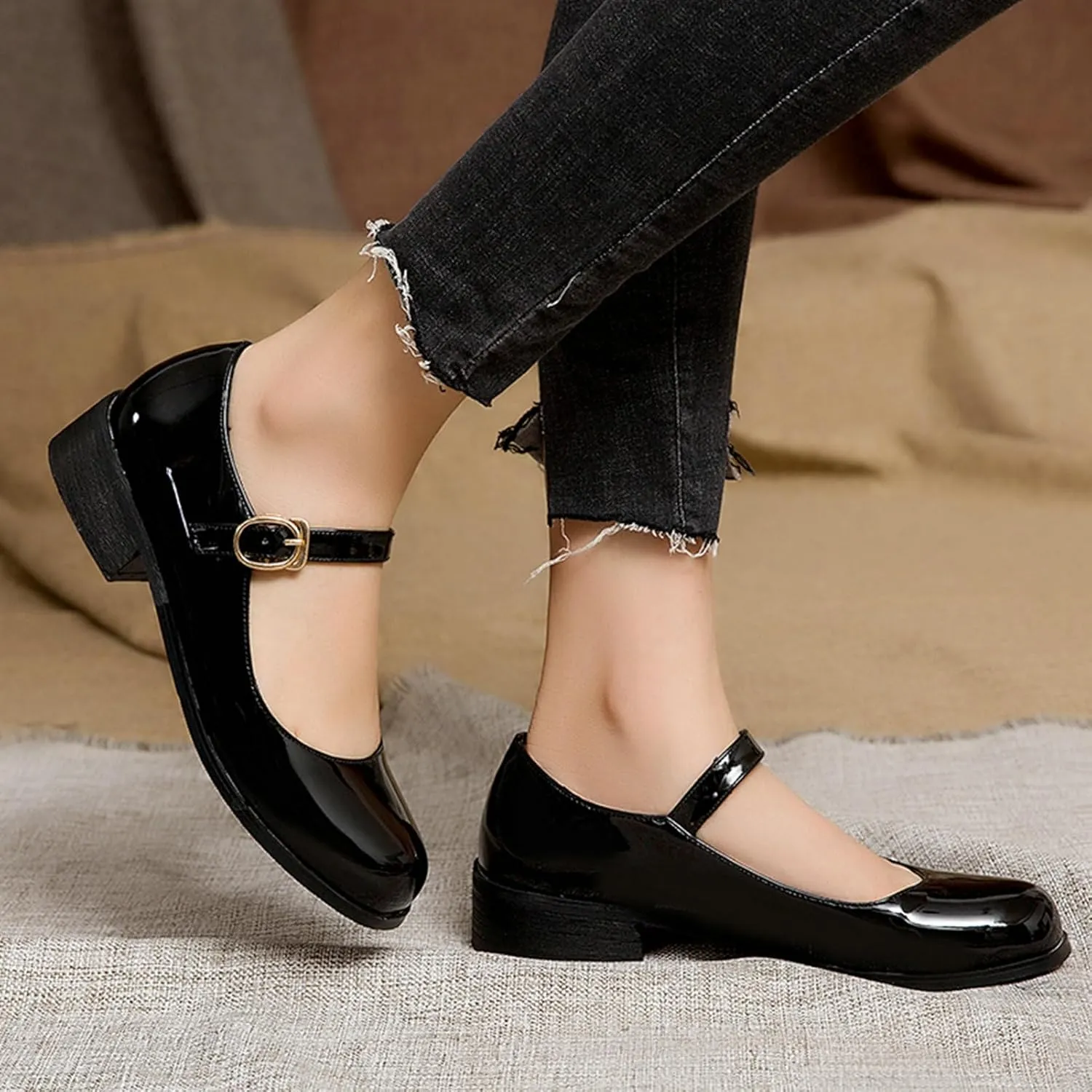 LUXMAX Womens Patent Leather Mary Jane Flats Square Toe Pumps