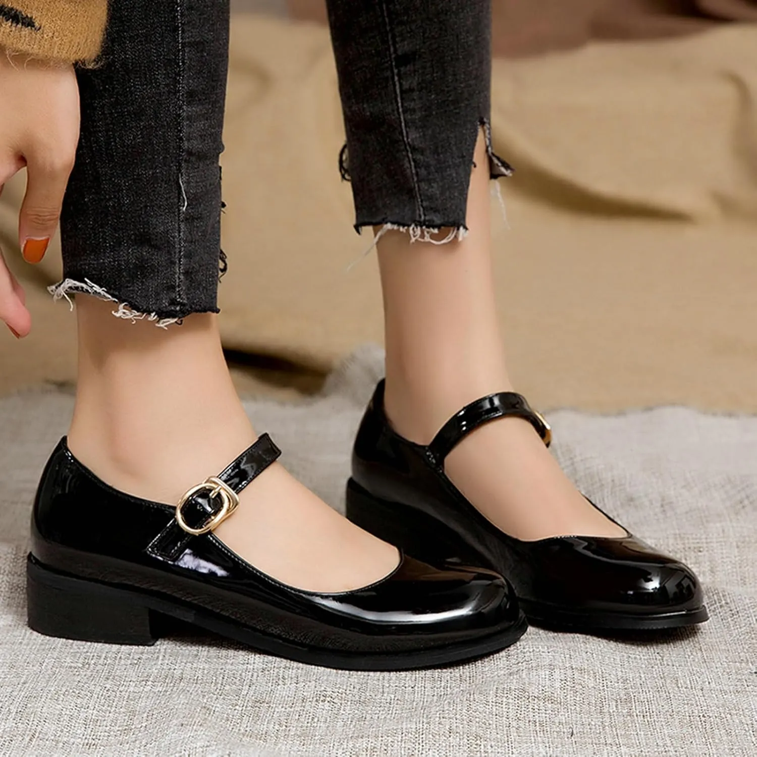 LUXMAX Womens Patent Leather Mary Jane Flats Square Toe Pumps
