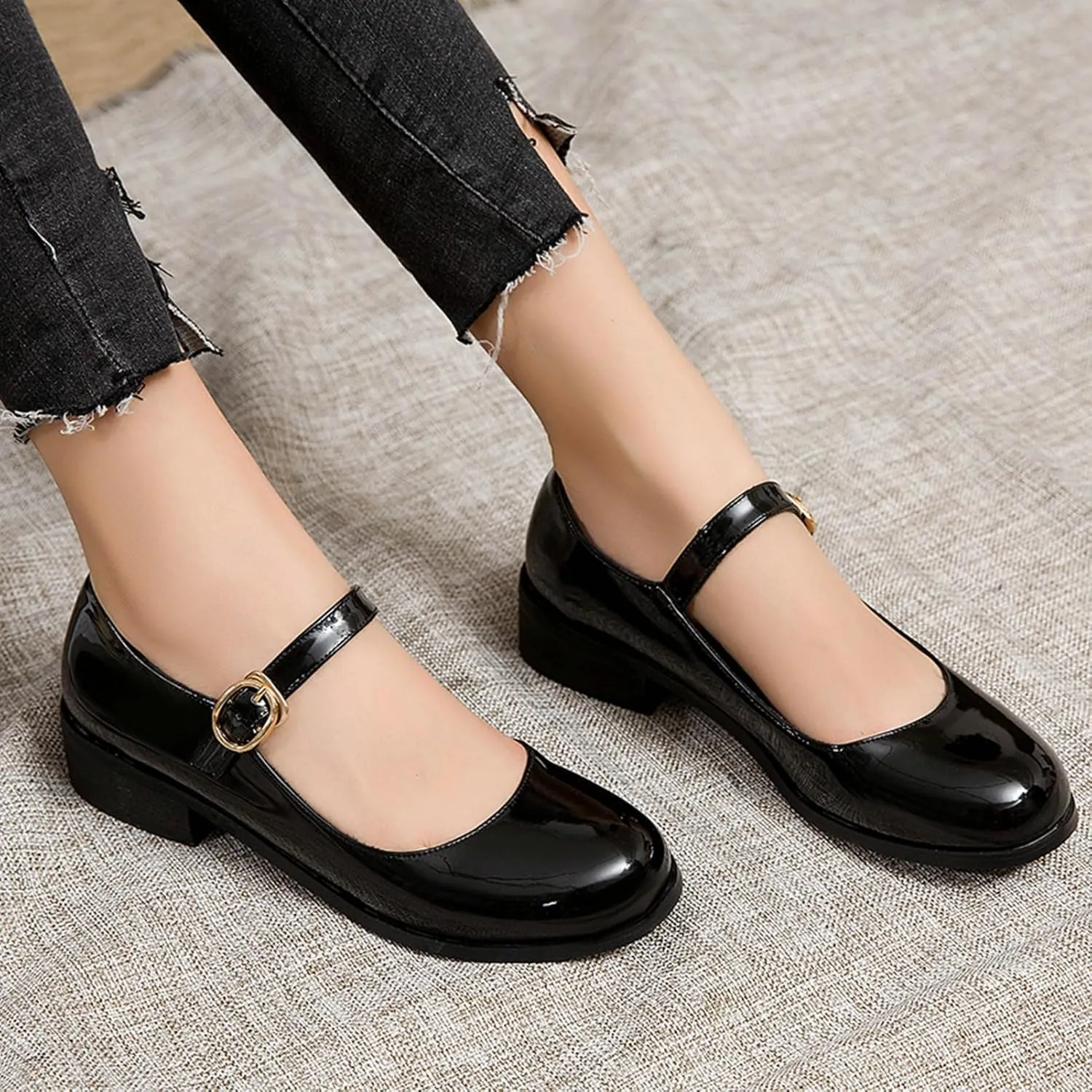 LUXMAX Womens Patent Leather Mary Jane Flats Square Toe Pumps