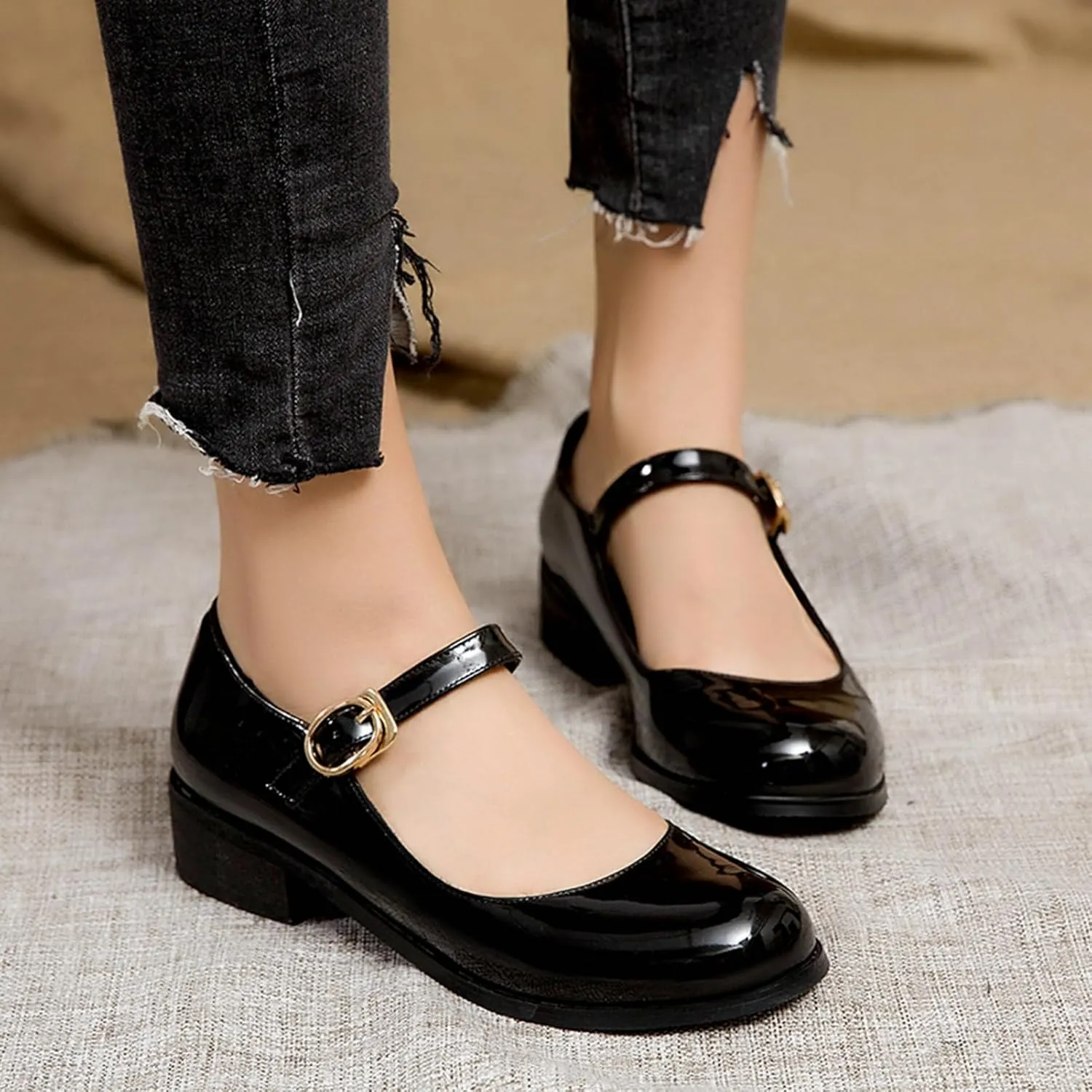 LUXMAX Womens Patent Leather Mary Jane Flats Square Toe Pumps