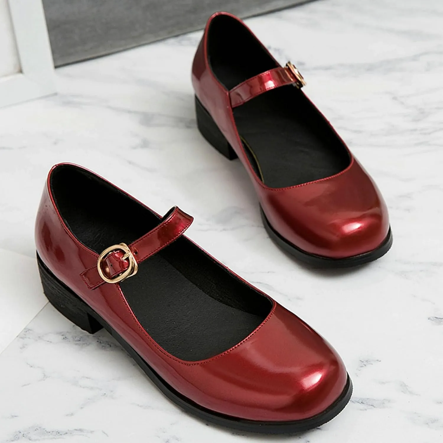 LUXMAX Womens Patent Leather Mary Jane Flats Square Toe Pumps