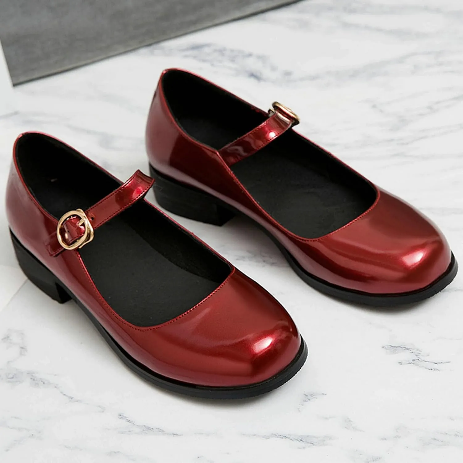 LUXMAX Womens Patent Leather Mary Jane Flats Square Toe Pumps