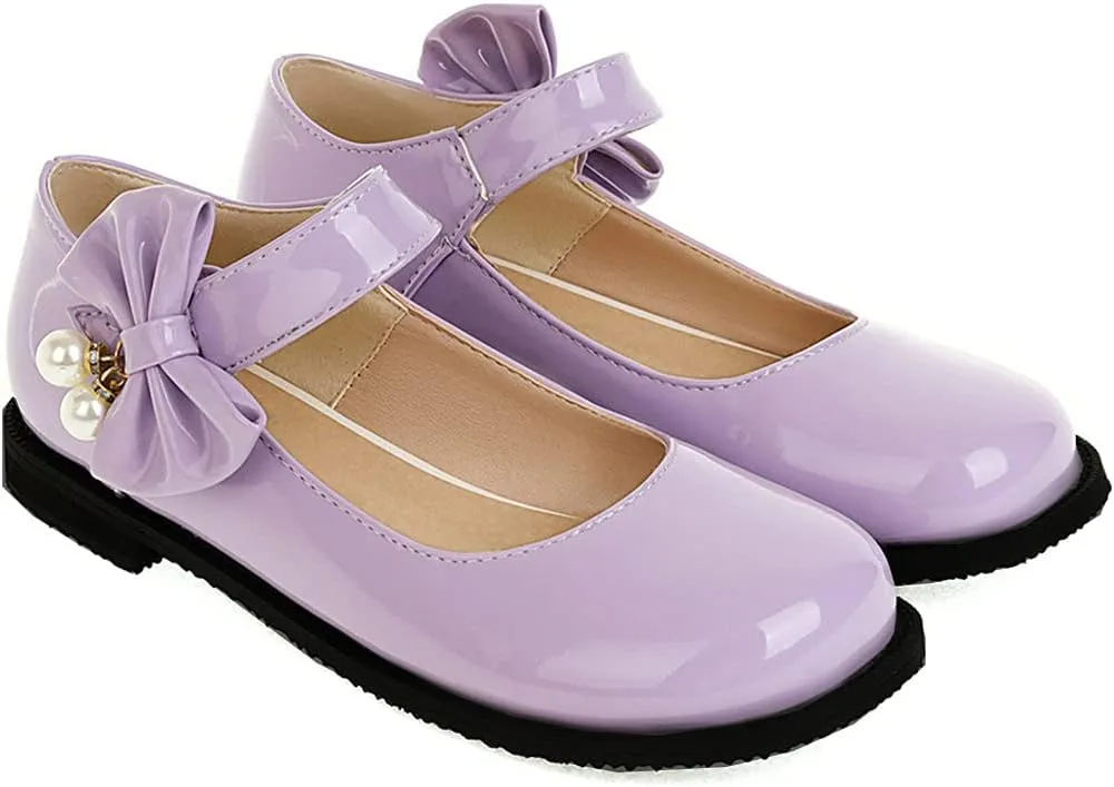 Meefit Women Flat Mary Janes Shoes Patent Leather Cute Pumps with Bow Uniform Shoes