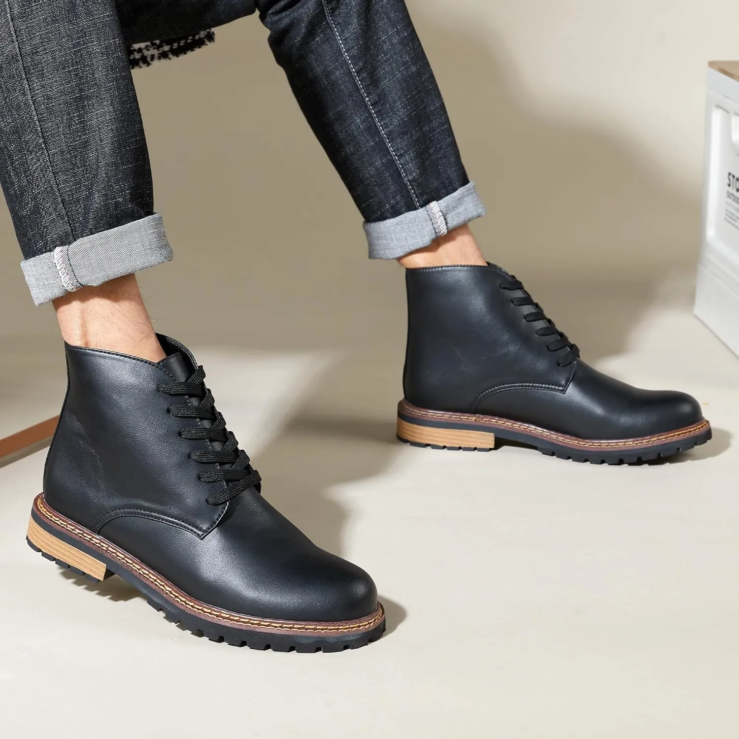 Men's Black High Top Lace Up Cycling Boots Wear-Resistant And Durable Tactical Boots Outdoor Comfort Anti Slip Mountain Walking Boots High Protection Chukka Boots Classic Casual Denim Boots