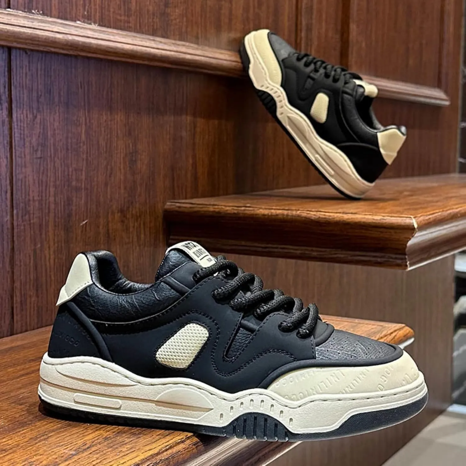 Mens Comfort Fashion Lace-Up Thick-Soled Sneakers - Cushioned Midsole, Mesh & Suede Upper, Reinforced Toe Cap - 4-Season Breathable Design for Skateboarding, Street Sports & All-Day Wear