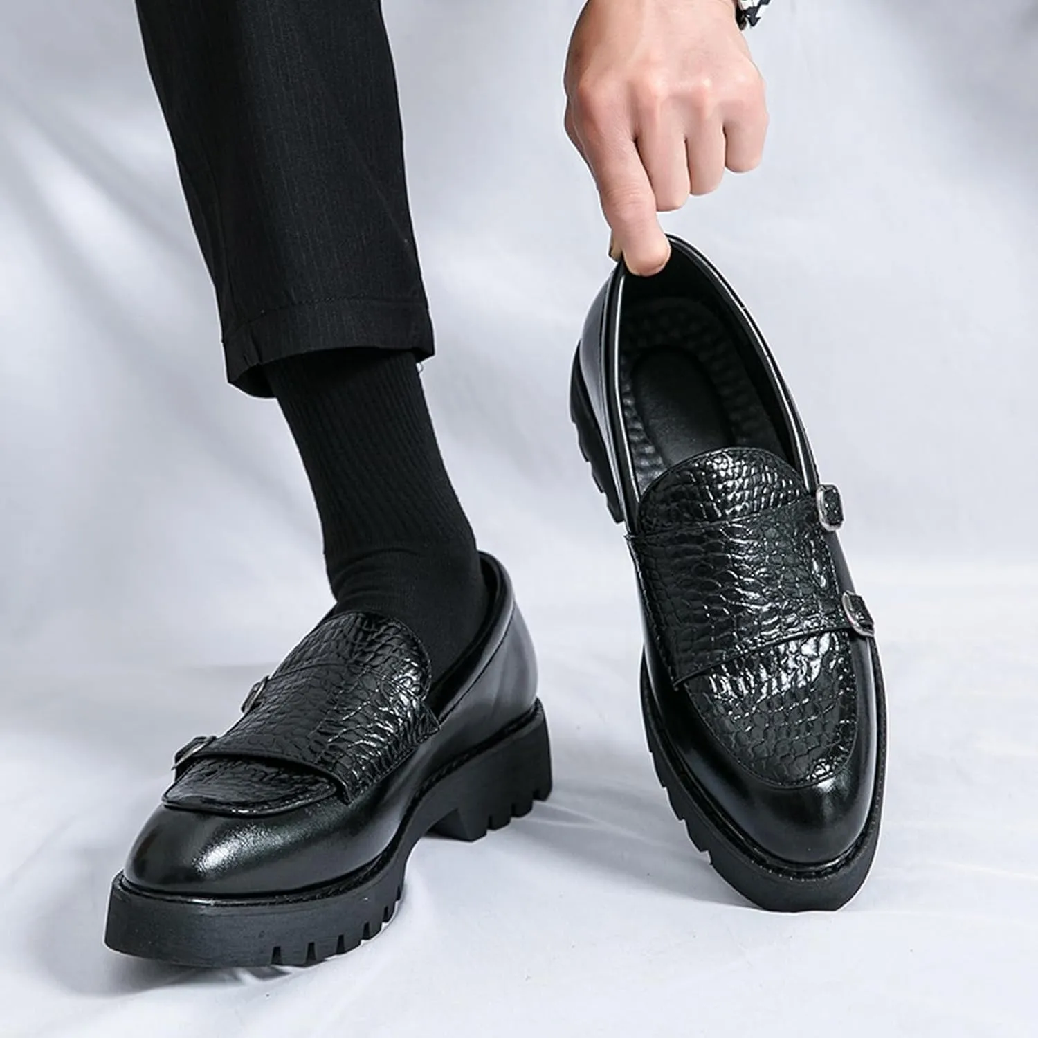 Men's Double Monk Strap Lug Sole Slip On Loafers Fashion Classic Platform Chunky Business Dress Leather Shoes for Formal/Party/Work