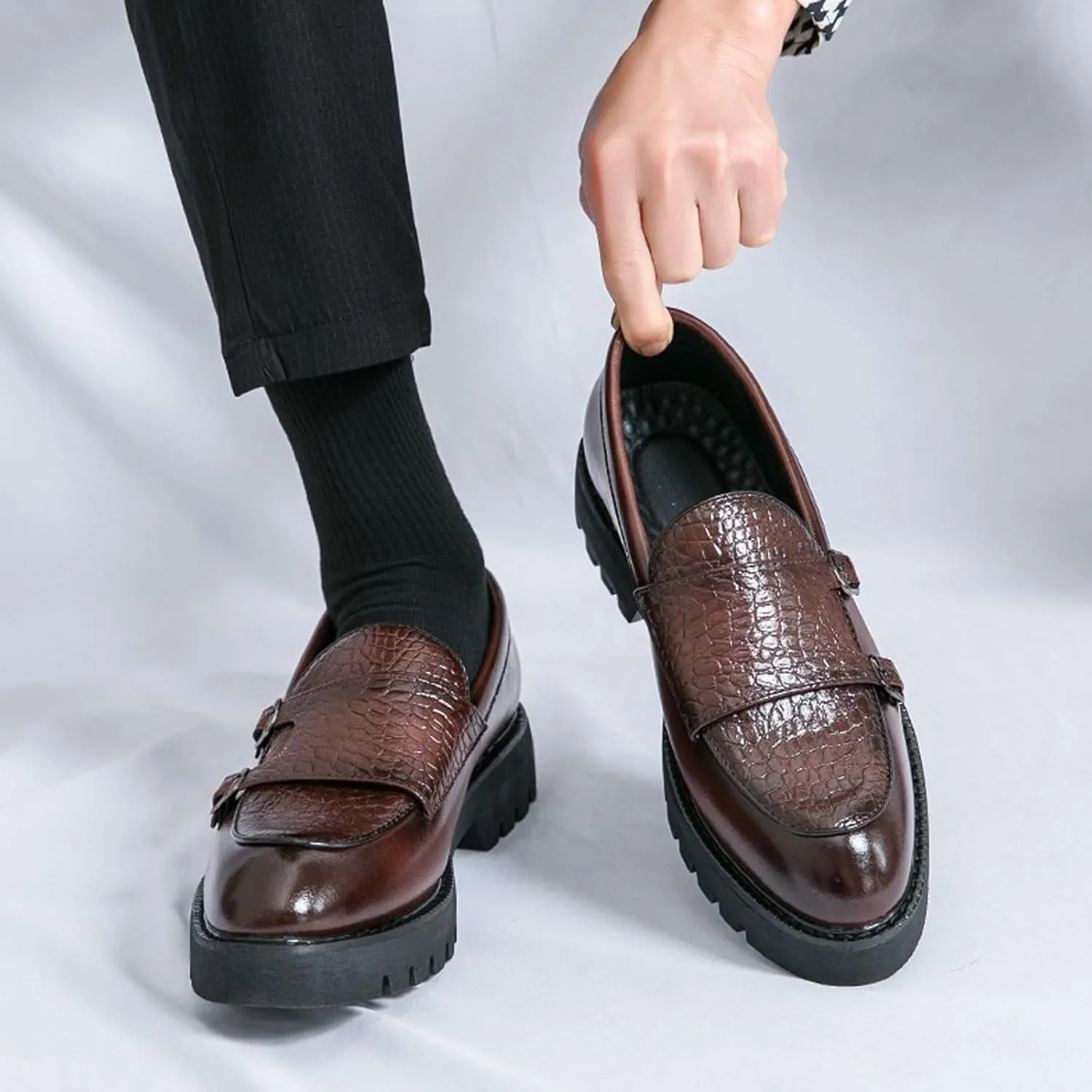Men's Double Monk Strap Lug Sole Slip On Loafers Fashion Classic Platform Chunky Business Dress Leather Shoes for Formal/Party/Work