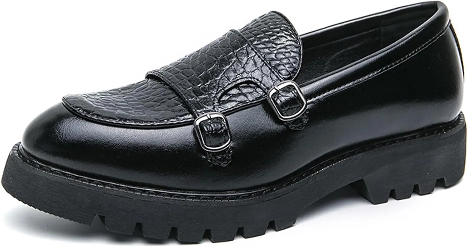 Men's Double Monk Strap Lug Sole Slip On Loafers Fashion Classic Platform Chunky Business Dress Leather Shoes for Formal/Party/Work