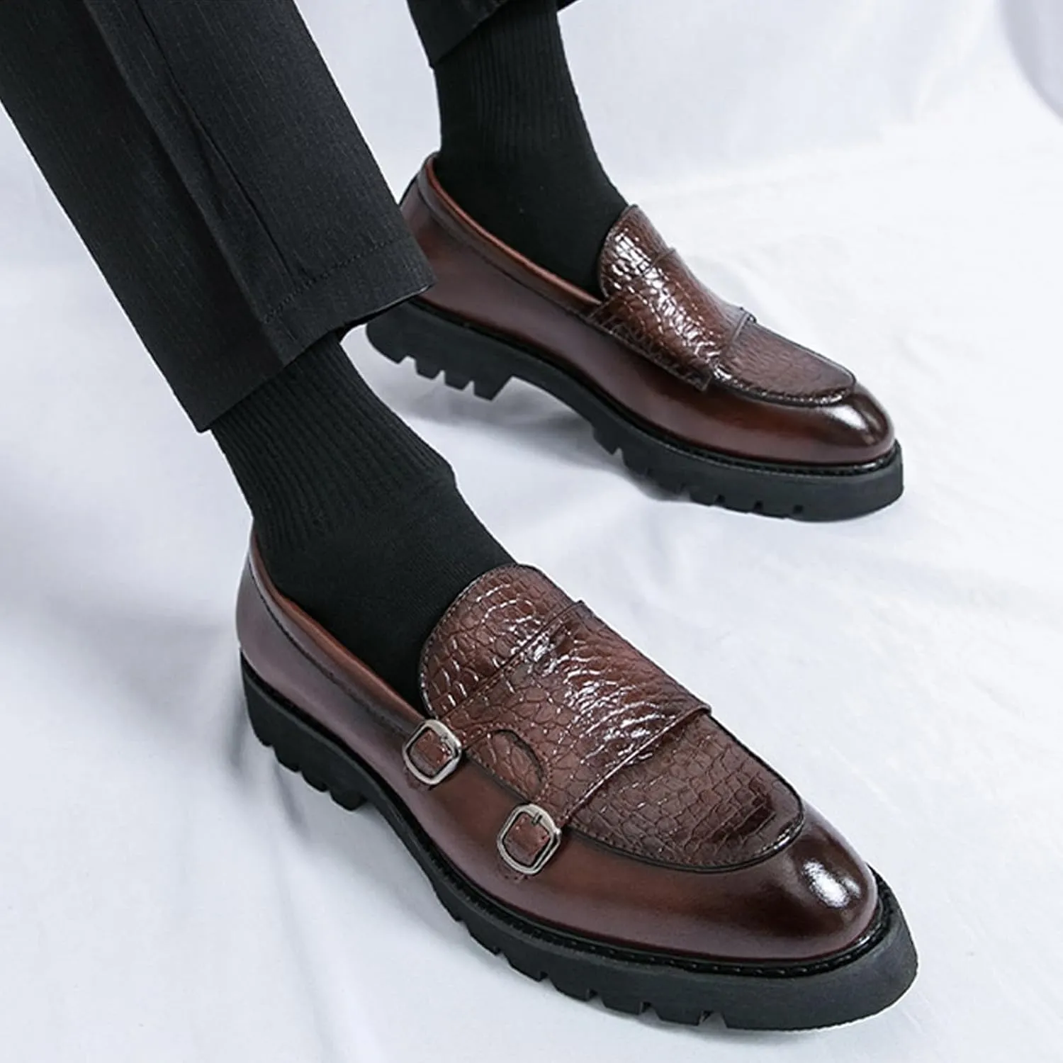 Men's Double Monk Strap Lug Sole Slip On Loafers Fashion Classic Platform Chunky Business Dress Leather Shoes for Formal/Party/Work