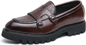 Men's Double Monk Strap Lug Sole Slip On Loafers Fashion Classic Platform Chunky Business Dress Leather Shoes for Formal/Party/Work