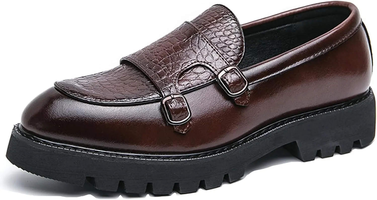 Men's Double Monk Strap Lug Sole Slip On Loafers Fashion Classic Platform Chunky Business Dress Leather Shoes for Formal/Party/Work