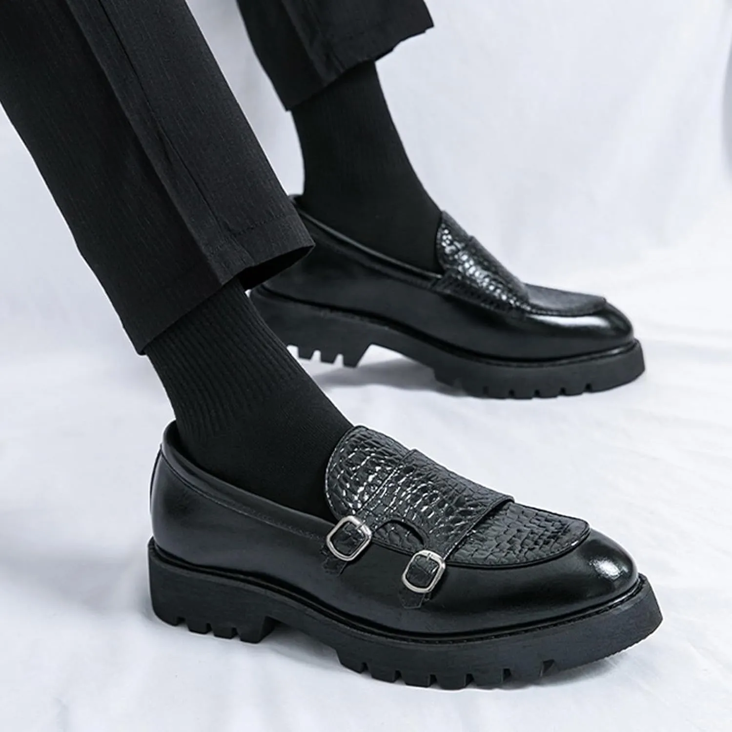 Men's Double Monk Strap Lug Sole Slip On Loafers Fashion Classic Platform Chunky Business Dress Leather Shoes for Formal/Party/Work